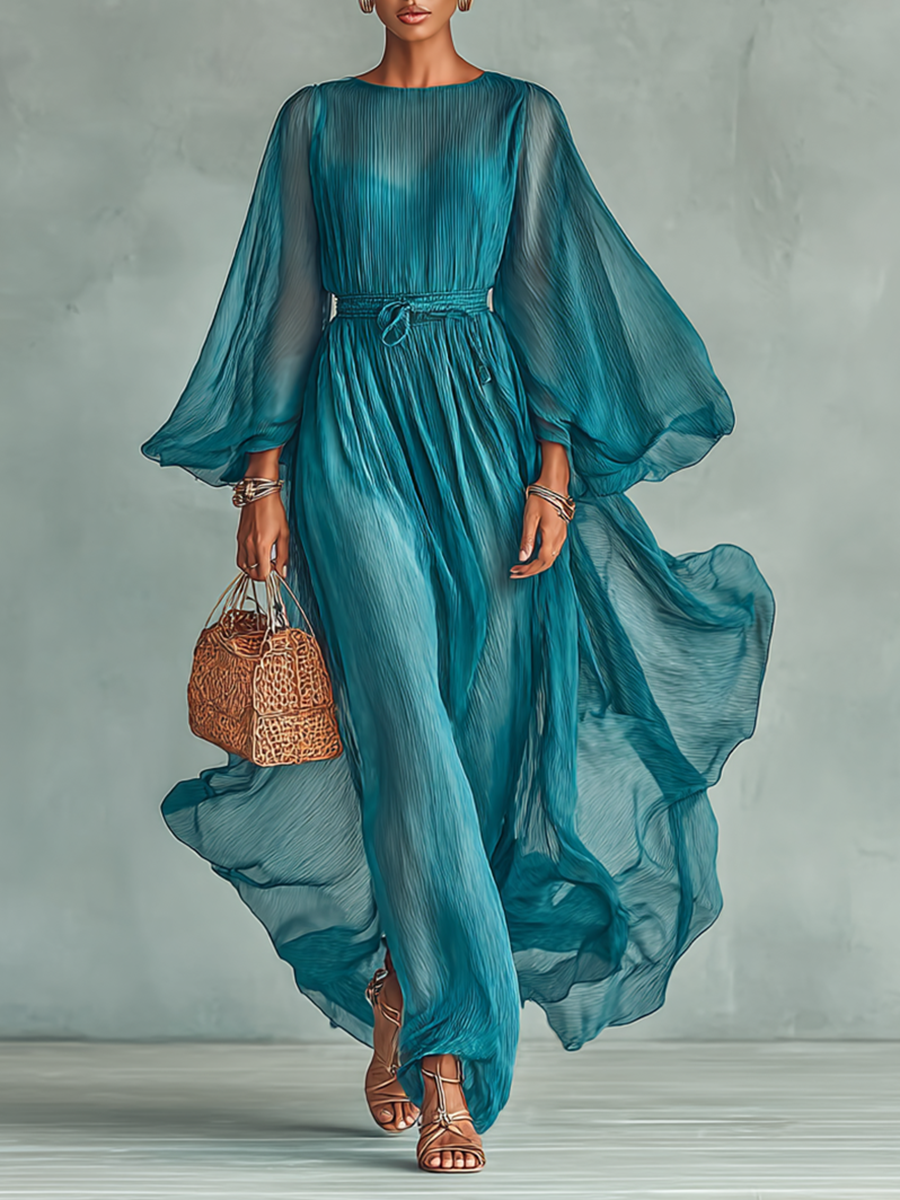 Abril | Vestido Maxi con Cuello Redondo y Manga Larga, con Cintura Ajustable