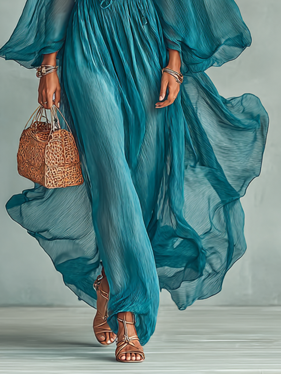 Abril | Vestido Maxi con Cuello Redondo y Manga Larga, con Cintura Ajustable